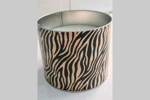 a zebra print vase sitting on a table at Le Lodge, T2 classé 3 étoiles avec jardin, parking, piscine & mer à 2 pas in Menton