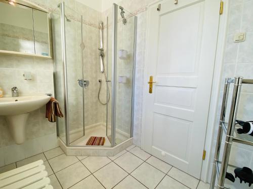 y baño con ducha y lavamanos. en Villa Caprivi - Ferienwohnung 6 en Neuhof