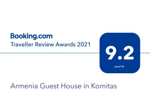 Ein Zertifikat, Auszeichnung, Logo oder anderes Dokument, das in der Unterkunft Armenia Guest House in Komitas ausgestellt ist