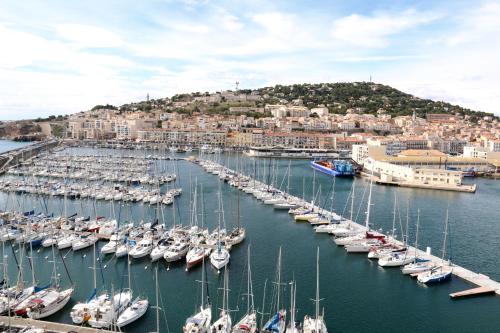 Un tas de bateaux sont amarrés dans un port dans l'établissement Le Carnet de Sète et sa vue sur le canal, à Sète