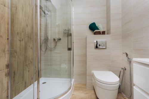 y baño con ducha, aseo y lavamanos. en VIP Flat lavina проспект М Лушпи 2 корп2, en Sumy