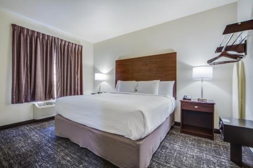 Habitación de hotel con cama grande y escritorio. en Cobblestone Hotel & Suites - Cozad en Cozad