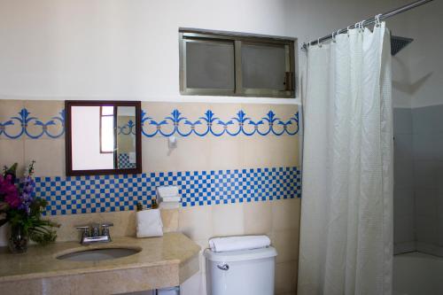 een badkamer met een toilet, een wastafel en een douche bij El Navegante in Campeche