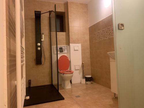 a bathroom with a toilet with a red seat at Vila Mik Guesthouse in Săcele