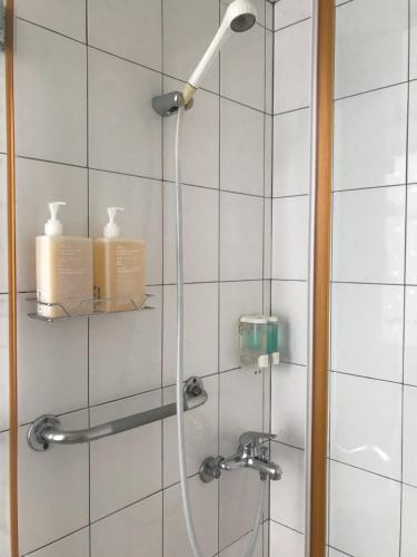 a shower with a shower head and two bottles at ISING HOTEL in Taitung City