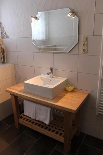 a bathroom with a sink and a mirror at Berghotel Waidmannsheil in Battenberg