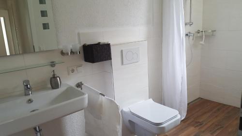 een witte badkamer met een toilet en een wastafel bij Ferienwohnung Miezerle in Steißlingen