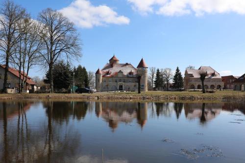 a large house sitting next to a large body of water at Die Remise Silbersee in Stolpe