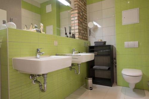 uma casa de banho verde com um lavatório e um espelho em Die Remise Silbersee em Stolpe