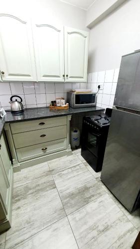 a kitchen with white cabinets and a black refrigerator at Laboria 102 & 103 in Harrismith