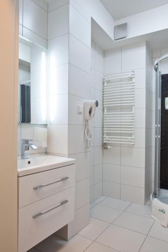 a white bathroom with a shower and a sink at WISŁA Cechini in Krynica Zdrój