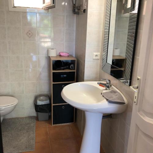 une salle de bain avec un lavabo, des toilettes et un miroir dans l'établissement Appartement JOLY- Vue mer- Favone, à Conca