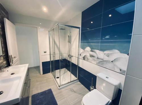a bathroom with a shower and a toilet and a sink at Luxury Two Bed Seaviews in Puerto del Carmen