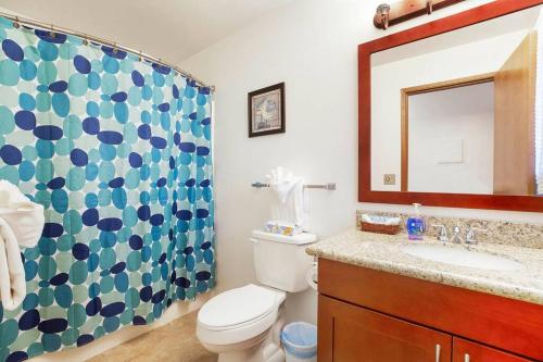 La salle de bains est pourvue de toilettes et d'un rideau de douche. dans l'établissement Plover Condo, à Moclips