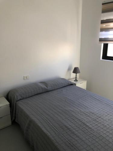 una camera da letto con un letto con un piumone grigio di APARTAMENTO CENTRAL 1 a Corralejo