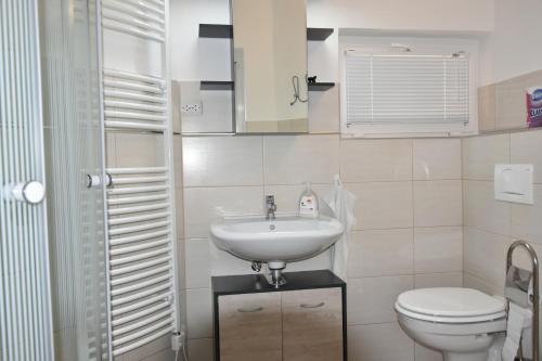 łazienka z umywalką i toaletą w obiekcie CSEVI Apartmanház w Mezőkövesd
