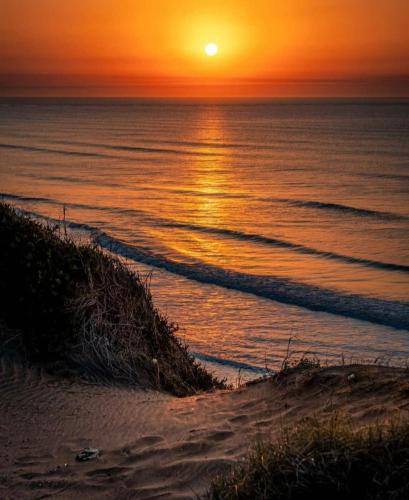 a sunset over the ocean with a sandy beach at Hotel Artico in Mar del Plata
