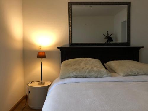 una camera da letto con un letto con specchio e lampada di B&B de Tol a Hulst
