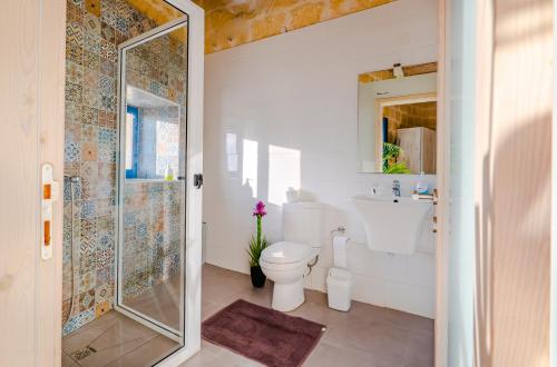 a bathroom with a shower and a toilet and a sink at Fiftyfour West Boutique Living in Għarb