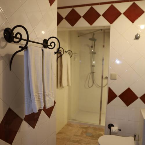 a bathroom with a shower and a toilet and towels at Hotel Portofoz in Porto