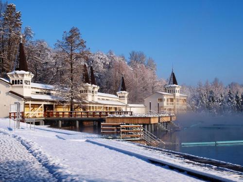 un edificio en la nieve junto a un río en Apartments Annamaria, en Hévíz