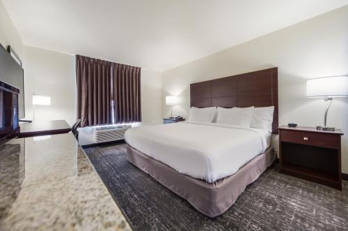 Una habitación de hotel con una cama grande y un televisor. en Cobblestone Inn & Suites - Holdrege, en Holdrege
