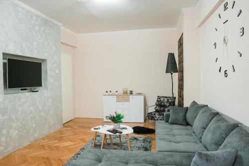 a living room with a gray couch and a tv at M&Stic in Vrdnik