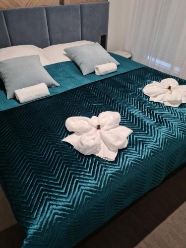 斯維諾烏伊希切的住宿－Apartamenty MGA ApartPark，床上配有毛巾和枕头
