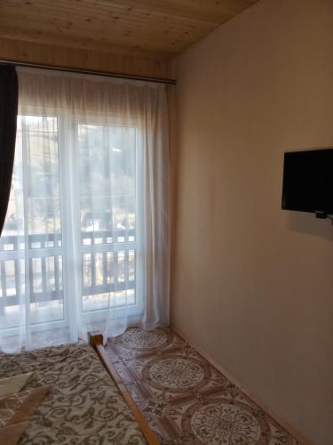 Zimmer mit einem großen Fenster und einem TV in der Unterkunft Уютный котедж "Hatynka" in Jablunyzja