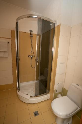 a bathroom with a shower and a toilet in it at Hotel Piano in Kyiv