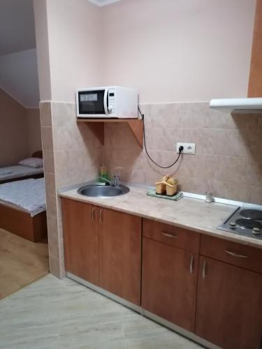 a kitchen with a sink and a microwave at Kelemen Vendégház 2 in Praid