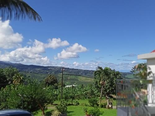 a view from the balcony of a house with palm trees at T2 Échappée belle Sainte-Marie Kybo Karaib Location pkg Mtgne Cosy in Sainte-Marie