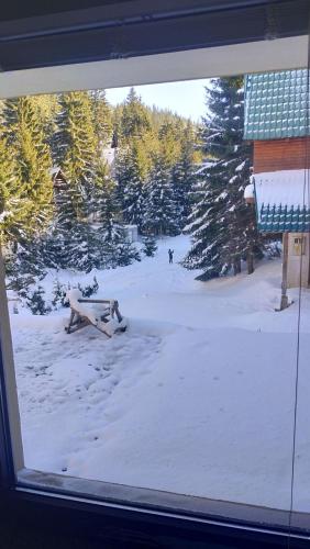 a window view of a picnic table in the snow at Apartman Hasen Vlašić in Vlasic