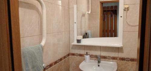 een badkamer met een wastafel en een spiegel bij Apartment on Dacia in Chişinău