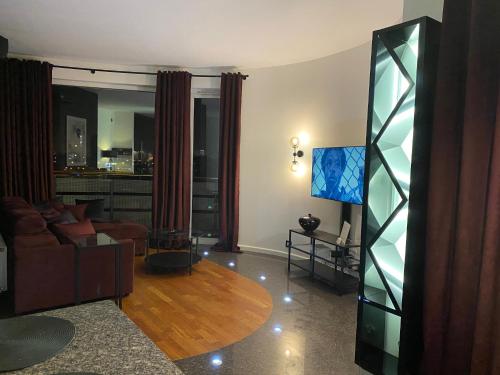 a living room with a couch and a television at Family & Business Sauna Apartments Klonowa nad Zalewem, Unikat SPA - 2 Bedroom with Private Sauna, Jacuzzi, Air Conditioning, Garage - The Highest Standard! in Kielce