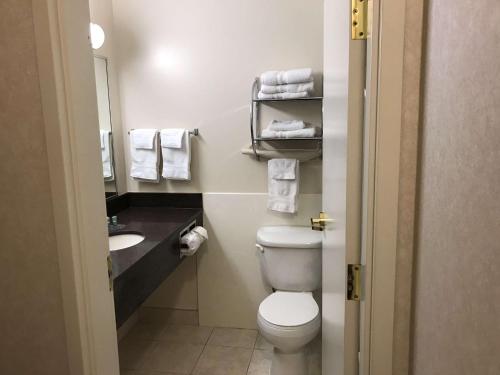 a bathroom with a toilet and a sink with towels at Best Western Thunder Bay Crossroads in Thunder Bay
