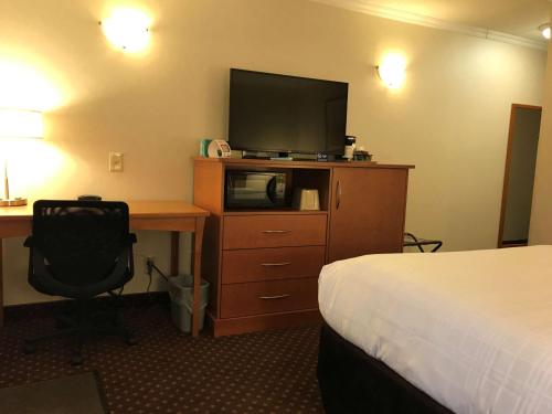 a hotel room with a bed and a desk with a television at Best Western Thunder Bay Crossroads in Thunder Bay