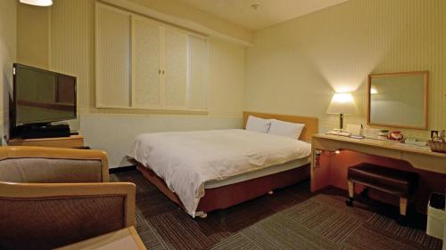 a hotel room with a bed and a television at Omura Central Hotel in Omura
