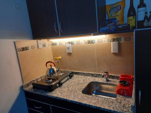 a kitchen counter with a sink and a redettel at Apartamentos Willy - en Zona Residencial con Estacionamiento in Mendoza