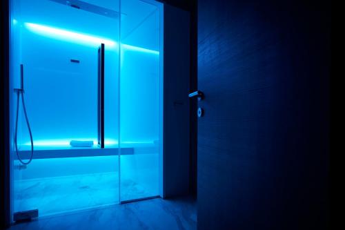 a door with a blue light in a bathroom at Hotel Concord in Turin