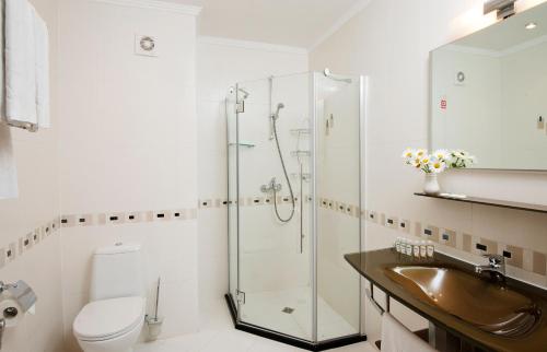 La salle de bains est pourvue d'une douche, d'un lavabo et de toilettes. dans l'établissement Calypso Hotel - All Incluisve, à Sunny Beach