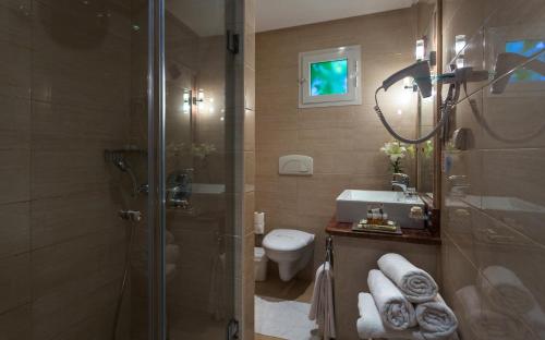 een badkamer met een douche, een toilet en een wastafel bij The Sindbad in Hammamet
