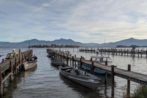 a group of boats are docked at a dock at Ferienwohnung Gartenglück in Traunstein