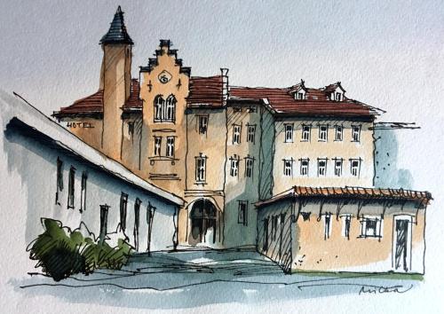 a drawing of a large building with a clock tower at Hotel U Bílého koně in Loket