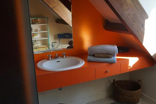 La salle de bains orange est pourvue d'un lavabo et d'un miroir. dans l'établissement Domaine des Courtils, à Romorantin-Lanthenay