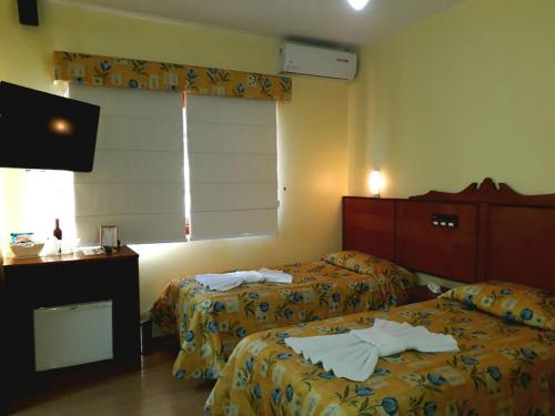 Habitación de hotel con 2 camas y TV en Pousada Sonnenhof, en Gramado