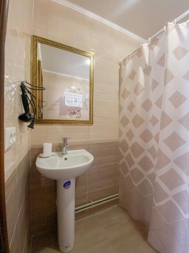 a bathroom with a sink and a mirror and a shower at Мелодія Гір Вид на гори in Vorokhta