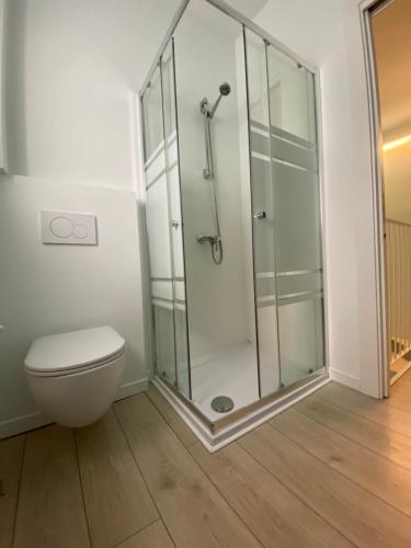 uma casa de banho com um chuveiro e um WC. em Welcome Traveller LEA APARTMENTS em Garda