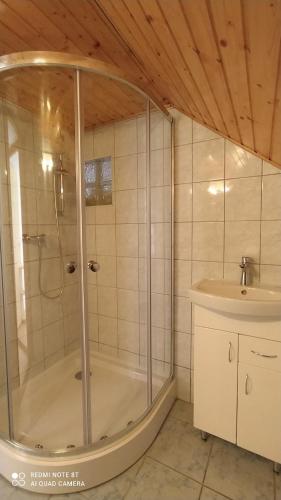 a bathroom with a shower and a sink at Anna Ilona Vendégház in Badacsonytomaj