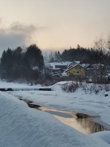 a river in the snow with a house in the background at Willa Katarzynka in Wisła